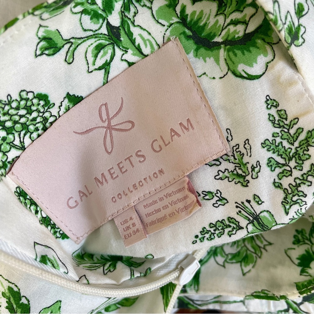 Gal Meets Glam Lisa Green White Toile Floral Tiered Mini Dress 4 - Picture 8 of 16
